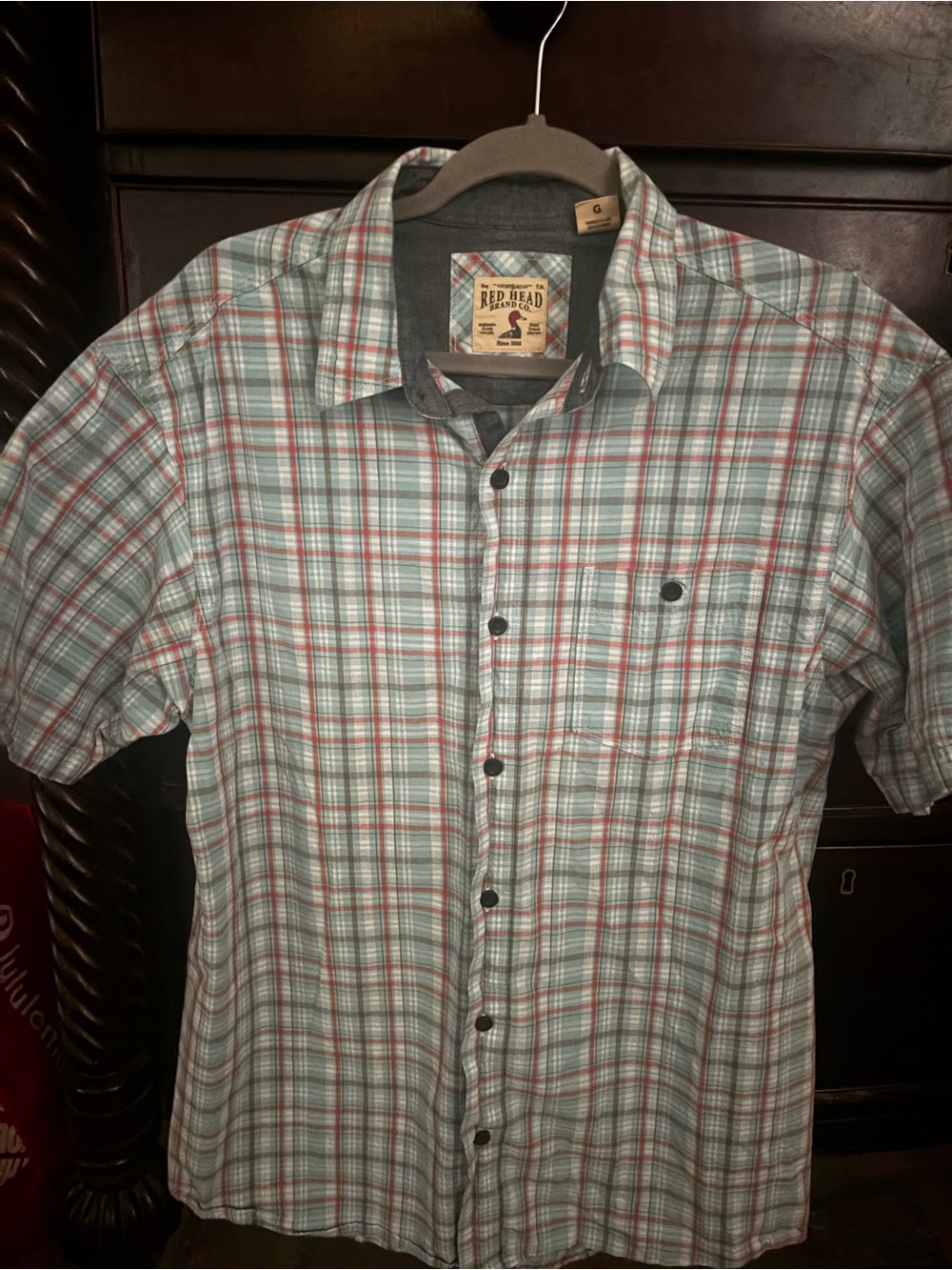 RedHead Men's Short Sleeve Plaid Button-Down Shirt in Light Blue and Red